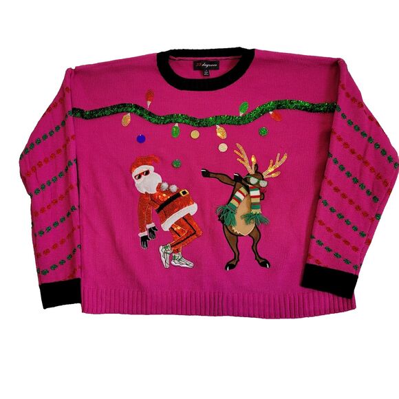 33 Degrees Ugly Christmas Sweater Adult Large Pink Santa Rudolf Dancing Applique - Picture 1 of 7